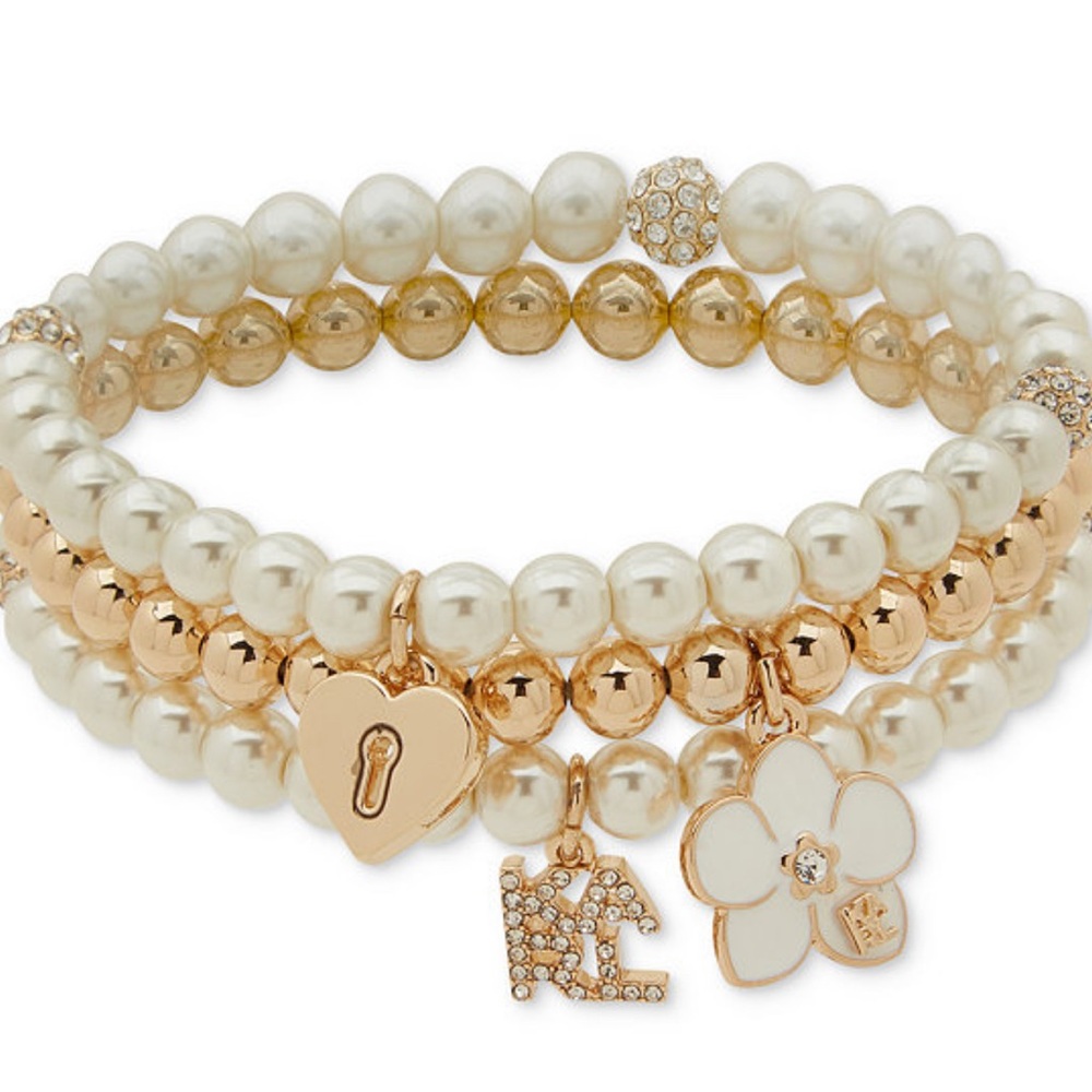 Karl Lagerfeld Faux Pearl & Gold tone 3pc Stretch Charmed Bracelet Set NWT - Picture 1 of 10